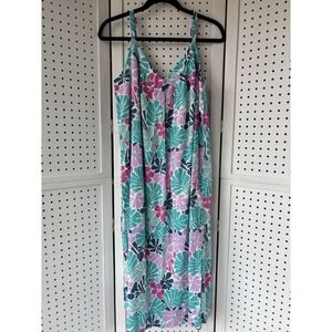 Gap V-Neck Midi Dress Teal Pink Floral Cotton Tank Women's M Summer Sundress